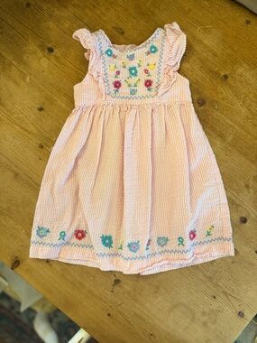 JoJo Maman Bebe Pink Seersucker Dress with Multicolor Floral Embroidery